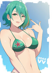 Rule 34 | 1girl, :d, \m/, ahoge, bare shoulders, bikini, blue background, border, breasts, cleavage, collarbone, commentary request, copyright name, dead or alive, dead or alive xtreme, female focus, green bikini, green eyes, green hair, hair between eyes, konishiki (52siki), looking at viewer, matching hair/eyes, medium breasts, midriff, mole, mole under eye, multicolored hair, navel, open mouth, smile, solo, streaked hair, swimsuit, tamaki (doa), white border