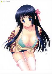 Rule 34 | 1girl, absurdres, azuma yuki, bent over, blue eyes, blue hair, blunt bangs, bra, breasts, cleavage, clothes pull, collarbone, covered erect nipples, green bra, hair ribbon, hanging breasts, head tilt, highres, large breasts, long hair, looking at viewer, pink ribbon, presenting, purple eyes, ribbon, shirt pull, short shorts, shorts, simple background, solo, strap gap, underwear, white background