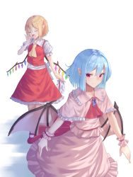 Rule 34 | 2girls, absurdres, arm up, ascot, bat wings, blonde hair, blue gemstone, blue hair, blush, brooch, capelet, closed mouth, commentary request, crystal, doitsuudon, dress, flandre scarlet, frilled capelet, frills, gem, hat, highres, jewelry, light blue hair, looking at viewer, mary janes, multiple girls, no headwear, one side up, pink capelet, pink dress, puffy short sleeves, puffy sleeves, red ascot, red eyes, red footwear, remilia scarlet, shoes, short hair, short sleeves, siblings, sisters, smile, touhou, walking, white background, wings, wrist cuffs