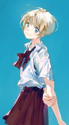 Rule 34 | 1girl, arm behind back, blonde hair, blue background, blue eyes, bow, bowtie, collared shirt, earrings, from side, jewelry, long hair, looking at viewer, nishita, original, pixie cut, pleated skirt, school uniform, shirt, short hair, short sleeves, skirt, smile, solo, very long hair