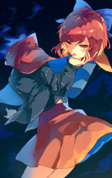 Rule 34 | 1girl, ;p, black background, black shirt, blue bow, blush, bow, cape, cowboy shot, disembodied head, flat chest, from above, hair bow, highres, holding head, leaning forward, long sleeves, looking at viewer, one eye closed, red cape, red eyes, red hair, red skirt, sekibanki, shirt, short hair, simple background, skirt, solo, swept bangs, tamiku (shisyamo609), tongue, tongue out, touhou, twisted torso