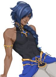 Rule 34 | 1boy, abs, absurdres, alternate costume, bare shoulders, black shirt, blue eyes, blue hair, braid, compression shirt, dark-skinned male, dark skin, eyepatch, freckles, genshin impact, gold armlet, hand on ground, highres, jewelry, kudsnk, leaning back, long hair, looking at viewer, muscular, muscular male, pants, pectorals, scar, scar on chest, shirt, simple background, single braid, sitting, skinny, sleeveless, sleeveless shirt, smile, solo, white background, white pants