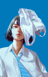 Rule 34 | 1girl, bag, black hair, blue background, blue necktie, collared shirt, highres, looking at viewer, looking down, necktie, original, parted lips, plastic bag, purple eyes, realistic, shirt, short hair, short sleeves, simple background, solo, wataboku, white shirt