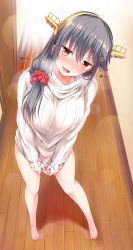 Rule 34 | 10s, 1girl, :d, alternate costume, alternate hairstyle, bare legs, barefoot, black hair, blush, breasts, clothes tug, dress, from above, full body, hair ornament, hair over shoulder, hair scrunchie, hairband, hairclip, haruna (kancolle), head tilt, heavy breathing, highres, indoors, kantai collection, large breasts, light particles, lips, looking at viewer, nose blush, open mouth, ribbed sweater, scrunchie, smile, solo, standing, sweater, sweater dress, sweater tug, tongue, translated, turtleneck, turtleneck sweater, wooden floor, yellow eyes, yuumaru (you-mya)
