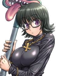 Rule 34 | 1girl, amania orz, black hair, breasts, closed mouth, cross, cross necklace, glasses, hunter x hunter, jewelry, large breasts, looking at viewer, necklace, purple eyes, shizuku murasaki, short hair, simple background, solo, tongue, turtleneck, vacuum cleaner, white background