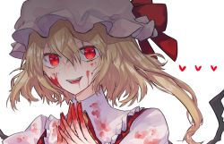 Rule 34 | 1girl, ascot, blonde hair, blood, blood from mouth, blood on clothes, blood on face, blood on hands, blood stain, collared shirt, commentary, flandre scarlet, frilled shirt collar, frills, hair between eyes, hat, hat ribbon, heart, looking at viewer, medium hair, miko (miko030751), mob cap, nail polish, one side up, portrait, puffy short sleeves, puffy sleeves, red eyes, red nails, red ribbon, red vest, ribbon, shirt, short sleeves, slit pupils, smile, solo, teeth, touhou, upper teeth only, vampire, vest, white background, white hat, wings, yellow ascot