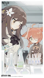 Rule 34 | 2girls, ahoge, animal ears, arknights, ascot, black ascot, black collar, blue gloves, blush, border, brown cape, brown eyes, brown gloves, brown ribbon, brown shirt, cape, ceiling light, collar, company name, copyright name, copyright notice, flower, folinic (arknights), fox ears, gloves, green eyes, hair flower, hair ornament, hair over one eye, highres, holding, id card, indoors, infection monitor (arknights), laboratory, multiple girls, myrrh (arknights), neck ribbon, official art, red hair, ribbon, semi-rimless eyewear, shirt, smile, test tube, test tube rack, under-rim eyewear, upper body, white border, white flower, white shirt