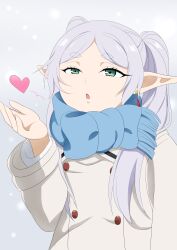 Rule 34 | 1girl, absurdres, blowing kiss, blue scarf, boots, coat, drop earrings, earrings, frieren, green eyes, heart, highres, jewelry, long hair, official alternate costume, pantyhose, pointy ears, puckered lips, scarf, solo, sousou no frieren, twintails, white coat, white hair