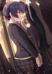 Rule 34 | 1boy, 1girl, black hair, black jacket, black pants, black pantyhose, black skirt, blazer, blue necktie, blush, bow, bowtie, briefcase, chikan, closed mouth, cowboy shot, dutch angle, from side, hair bow, head out of frame, height difference, highres, idolmaster, idolmaster shiny colors, jacket, kamille (vcx68), lens flare, long sleeves, looking away, looking down, miniskirt, morino rinze, necktie, pants, pantyhose, plaid, plaid skirt, pleated skirt, profile, purple bow, purple bowtie, red bow, red hair, school briefcase, school uniform, short hair, skirt, sleeves past wrists, solo focus, striped bow, striped bowtie, striped clothes, sweat