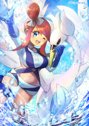 Rule 34 | 1girl, ;d, arm up, belt, blue background, blue footwear, blue gloves, blue jacket, blue shorts, blurry, blurry foreground, blush, boots, breasts, commentary request, cowboy shot, creatures (company), crop top, cropped jacket, elbow gloves, game freak, gen 5 pokemon, gloves, gym leader, hair ornament, highres, holster, jacket, knee boots, large breasts, light rays, long sleeves, looking at viewer, midriff, navel, nintendo, one eye closed, one side up, open mouth, pokemon, pokemon (creature), pokemon bw, pouch, red hair, short shorts, shorts, sidelocks, skyla (pokemon), smile, sparkle, sunbeam, sunlight, swanna, swept bangs, teeth, thigh holster, thigh pouch, thigh strap, twitter username, upper teeth only, water, water drop, yamanashi taiki