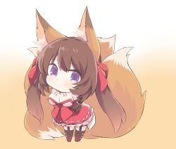 Rule 34 | 1girl, absurdres, animal ears, arms behind back, blue eyes, breasts, brown hair, caleen keemosn, chibi, choker, cleavage, commission, fluffy, fox ears, fox girl, fox tail, garter belt, garter straps, hair ribbon, highres, japanese clothes, large breasts, long hair, looking at viewer, miko, multiple tails, ribbon, rudobekia, runes, simple background, star ocean, star ocean anamnesis, tail, thighhighs, twintails, very long hair