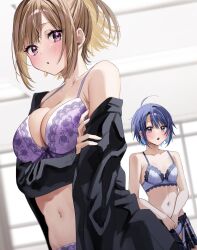 Rule 34 | 2girls, :o, ahoge, arm under breasts, bare shoulders, black shirt, blue bra, blue eyes, blue hair, blue panties, blue skirt, blurry, blurry background, blush, bra, breasts, brown hair, chigusa minori, cleavage, collarbone, commentary request, dressing, hair ornament, hairclip, highres, himeno akira, indoors, jitsuha imouto deshita., lace, lace-trimmed bra, lace trim, large breasts, long sleeves, looking at viewer, multiple girls, navel, official art, open mouth, panties, pink panties, pleated skirt, purple bra, purple eyes, second-party source, shirt, short hair, sidelocks, single off shoulder, skirt, small breasts, stomach, sweatdrop, ueda hinata, underwear