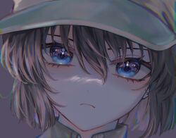 Rule 34 | 1girl, baseball cap, blue eyes, bob cut, brown hair, close-up, closed mouth, commentary, english commentary, frown, haibara ai, hair between eyes, hat, head tilt, ju-chan art, looking at viewer, meitantei conan, portrait, short hair, simple background, solo, straight-on, textless version