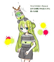 Rule 34 | 1girl, ?, alina gray, alternate costume, animal ears, bear ears, blunt ends, blush, closed mouth, commentary, confused, cowboy shot, doppel (madoka magica), dot mouth, dot nose, english commentary, green eyes, green hair, grey shirt, grey shorts, hair between eyes, hair rings, heart, highres, jewelry, long hair, looking at object, looking down, magia record: mahou shoujo madoka magica gaiden, mahou shoujo madoka magica, mixed-language commentary, multicolored hair, old dorothy, paint splatter, rin tarou, ring, shirt, shorts, sidelocks, simple background, solo, straight hair, streaked hair, striped clothes, striped shirt, t-shirt, very long hair, white background