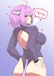 Rule 34 | 1girl, ahoge, animal ears, ass, ass grab, backless leotard, black leotard, blue background, blush, breasts, breath, cat ears, cat girl, cat tail, clothing cutout, commentary request, cowboy shot, deep skin, from behind, grabbing own ass, gradient background, heart, highres, hololive, large breasts, leotard, long sleeves, looking at viewer, looking back, nekomata okayu, open mouth, purple eyes, purple hair, rinyamame, shiny skin, short hair, solo, sweat, tail, tail through clothes, virtual youtuber
