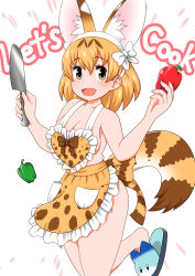 Rule 34 | 1girl, :d, animal ear fluff, animal ears, apron, bagua zhang, bare shoulders, breasts, cleavage, english text, extra ears, food, foot out of frame, holding, holding food, holding knife, kemono friends, knife, large breasts, light blush, looking at viewer, lucky beast (kemono friends), naked apron, open mouth, orange hair, pepper, serval (kemono friends), serval print, serval tail, short hair, simple background, slippers, smile, solo, standing, standing on one leg, tail, white background, yellow eyes