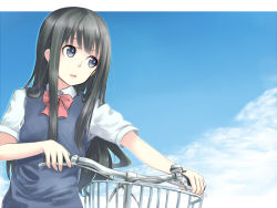Rule 34 | 1girl, bad id, bad pixiv id, basket, bicycle, black hair, blue eyes, blue sky, blunt bangs, bow, bowtie, cloud, co2, collared shirt, day, hime cut, long hair, looking away, looking to the side, original, outdoors, red bow, red bowtie, ribbon, school uniform, shirt, short sleeves, sidelocks, sky, solo, upper body, vest, white shirt