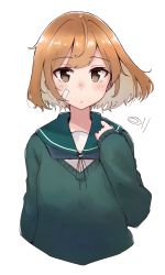 Rule 34 | 1girl, absurdres, bandaid, bandaid on face, blush, brown eyes, closed mouth, cropped torso, green sailor collar, highres, kantai collection, light brown hair, long sleeves, looking at viewer, ma rukan, oboro (kancolle), sailor collar, school uniform, serafuku, short hair, signature, simple background, solo, white background