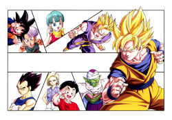Rule 34 | 2girls, 6+boys, android 18, black eyes, black hair, blonde hair, blue eyes, blue hair, brothers, bulma, cape, capsule, cleaned, colored skin, crossed arms, dougi, dragon ball, dragonball z, dress, earrings, father and son, fighting stance, gloves, green eyes, green skin, grin, hand on forehead, hands on own cheeks, hands on own face, happy, highres, jacket, jewelry, kuririn, looking at viewer, mother and son, multiple boys, multiple girls, namek, official art, open mouth, panels, pants, piccolo, pointy ears, purple hair, red shirt, salute, scarf, serious, shirt, short hair, siblings, smile, son gohan, son goku, son goten, super saiyan, super saiyan 1, tongue, tongue out, trunks (dragon ball), turban, vegeta, white background, white pants, wristband