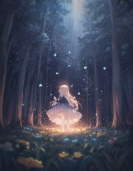 Rule 34 | 1girl, absurdres, blue dress, bug, butterfly, dress, flower, forest, glowing, glowing butterfly, glowing flower, grass, hands up, highres, insect, long hair, moonlight, nature, night, original, outdoors, saisho (qpoujr), scenery, solo, standing, tree