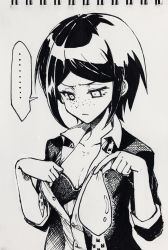 Rule 34 | ..., 1girl, bra, breast conscious, breasts, cleavage, closed mouth, collarbone, collared shirt, commentary request, danganronpa: trigger happy havoc, danganronpa (series), dress shirt, freckles, greyscale, highres, holding, ikusaba mukuro, looking at breasts, looking down, medium breasts, monochrome, open clothes, shirt, short hair, solo, spoken ellipsis, traditional media, tsunemi aosa, underwear, upper body