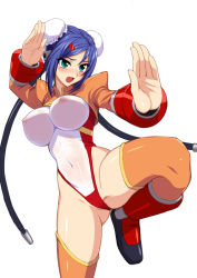 Rule 34 | 1girl, aq interactive, arcana heart, atlus, blue hair, blush, breasts, bun cover, covered erect nipples, double bun, examu, fighting stance, green eyes, large breasts, leotard, mei-fang, navel, nibai, see-through, shrug (clothing), solo, thighhighs, wet