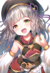 Rule 34 | 1girl, absurdres, bare shoulders, belt, beret, blush, braid, brown eyes, flat chest, gold trim, granblue fantasy, green eyes, hair ornament, hat, head tilt, heterochromia, highres, light brown hair, lips, long hair, looking at viewer, multiple braids, open mouth, pholia, scan, simple background, sleeveless, smile, solo, teeth, thick eyebrows, topia, upper teeth only, white background