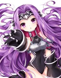 Rule 34 | 1girl, arm up, armor, black gloves, black leotard, breastplate, collar, covered navel, fate/grand order, fate (series), gloves, hair intakes, headband, leotard, long hair, medusa (fate), medusa (lancer) (fate), medusa (rider) (fate), nogi takayoshi, open mouth, outstretched hand, purple eyes, purple hair, rider, sitting, solo, very long hair