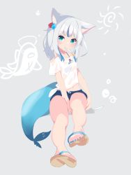 Rule 34 | 1girl, absurdres, animal ears, blue eyes, blue hair, cat ears, feet, fins, fish tail, gawr gura, highres, hololive, hololive english, iroha (pcrx7327), looking at viewer, multicolored hair, open mouth, sandals, shark tail, sharp teeth, silver hair, solo, streaked hair, tail, teeth, virtual youtuber