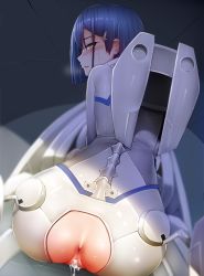 Rule 34 | 10s, 1girl, aftersex, anus, ass, back, blue hair, blush, censored, cockpit, crotchless, cum, cum in pussy, darling in the franxx, from behind, ginhaha, green eyes, hetero, ichigo (darling in the franxx), looking at viewer, looking back, mosaic censoring, penis, pilot suit, pov, pussy, speed lines, sweatdrop, vaginal