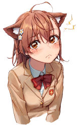 Rule 34 | 1girl, animal ear fluff, animal ears, blazer, blush, bow, bowtie, brown eyes, brown hair, brown jacket, cat ears, commentary, cropped arms, cropped torso, crying, electricity, electrokinesis, fantasy, frown, highres, jacket, looking at viewer, misaka mikoto, nyamunyamu, psychic, red bow, school uniform, science fiction, shirt, simple background, solo, symbol-only commentary, toaru kagaku no railgun, toaru majutsu no index, tokiwadai school uniform, upper body, white background, white shirt