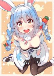 Rule 34 | 1girl, absurdres, animal ear fluff, animal ears, animal print, armband, black gloves, blue hair, blush, bow, braid, breasts, bridal garter, cardigan, carrot hair ornament, cleavage, food-themed hair ornament, from above, full body, gloves, hair ornament, highres, hololive, leotard, long hair, looking up, medium breasts, multicolored hair, open mouth, orange eyes, pantyhose, playboy bunny, rabbit ears, rabbit girl, scarf, seiza, sitting, solo, teeth, thick eyebrows, tonarikeru, twin braids, two-tone background, two-tone hair, upper teeth only, usada pekora, usada pekora (1st costume), virtual youtuber, white bow, white footwear, white hair
