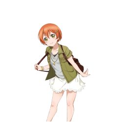 Rule 34 | 10s, 1girl, backpack, bag, bracelet, green eyes, hair ornament, hairclip, hairpin, holding strap, hoshizora rin, jacket, jewelry, leaning forward, looking at viewer, love live!, love live! school idol festival, love live! school idol project, necklace, non-web source, official art, orange hair, pearl necklace, pendant, short hair, short sleeves, skirt, smile, solo, standing, transparent background, white skirt