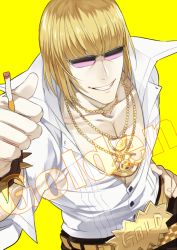 1boy, 2f sq, belt, between fingers, blonde hair, bob cut, cigarette, fate/grand order, fate (series), grin, hand on hip, jewelry, looking at viewer, male focus, necklace, sakata kintoki (fate), shirt, simple background, smile, solo, sunglasses, upper body, white shirt, yellow background