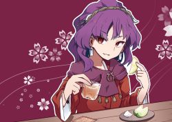 Rule 34 | 1girl, :d, absurdres, alternate costume, alternate hairstyle, cup, earrings, flower, highres, holding, holding cup, jewelry, kanisawa yuuki, looking at viewer, open mouth, parted lips, plate, purple background, purple hair, purple scarf, red eyes, scarf, short hair, smile, solo, touhou, touhou lostword, yasaka kanako
