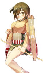 Rule 34 | 10s, 1girl, absurdres, archery, blush, brown eyes, brown hair, gloves, highres, hiryuu (aircraft carrier), hiryuu (kancolle), japanese clothes, kantai collection, kyuudou, open mouth, partially fingerless gloves, partly fingerless gloves, personification, ribbon, sakimori dan, short hair, side ponytail, simple background, single glove, skirt, smile, solo, wide sleeves, yugake