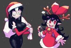 Rule 34 | 2girls, :3, :d, absurdres, antler ornament, bags under eyes, bell, black dress, black hair, bow, bow hairband, candy, candy cane, christmas, closed mouth, colored inner hair, commentary, detached sleeves, dress, english commentary, fangs, food, fur-trimmed dress, fur-trimmed headwear, fur-trimmed sleeves, fur trim, hair bow, hairband, hat, highres, holding, holding candy, holding candy cane, holding sack, jingle bell, long dress, long hair, long sleeves, looking at viewer, mixed-language commentary, multicolored hair, multiple girls, noss (rariatto), open mouth, original, pointy ears, purple hair, rariatto (ganguri), red bow, red dress, red eyes, red headwear, sack, sanpaku, santa costume, santa hat, smile, standing, streaked hair, vampire, wavy mouth, white hair, zakuro (rariatto)