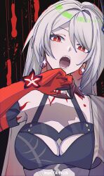 Rule 34 | 1girl, absurdres, acheron (honkai: star rail), artist name, breasts, cleavage, commentary, fangs, grey hair, halterneck, highres, honkai: star rail, honkai (series), long hair, looking at viewer, nocta felis, official alternate color, open mouth, red eyes, single bare shoulder, solo, upper body, very long hair