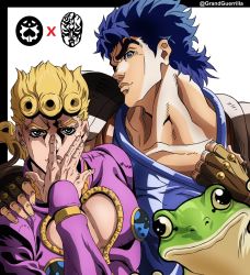 Rule 34 | 2boys, animal, armor, artist name, blonde hair, blue eyes, blue hair, blue shirt, braid, braided ponytail, brown gloves, bug, center opening, closed mouth, clothes pull, commentary, earrings, english commentary, eyebrows, father and son, fingerless gloves, frog, giorno giovanna, giorno giovanna&#039;s pose (jojo), gloves, grandguerrilla, green eyes, hand on another&#039;s shoulder, hand up, highres, insect, jewelry, jojo no kimyou na bouken, jojo pose, jonathan joestar, jonathan joestar&#039;s pose (jojo), ladybug, long hair, looking at viewer, male focus, multiple boys, official style, pulling own clothes, shirt, shirt pull, short hair, shoulder armor, stone mask (jojo), stud earrings, symbol-only commentary, thick eyebrows, time paradox