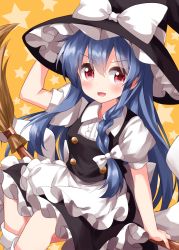 Rule 34 | 1girl, :d, apron, black hat, black skirt, blue hair, blush, bow, braid, broom, broom riding, cosplay, hair between eyes, hat, highres, hinanawi tenshi, kirisame marisa, kirisame marisa (cosplay), long hair, looking at viewer, open mouth, puffy short sleeves, puffy sleeves, red eyes, ruu (tksymkw), shirt, short sleeves, skirt, smile, solo, star (symbol), starry background, touhou, very long hair, vest, waist apron, white bow, white shirt, witch hat