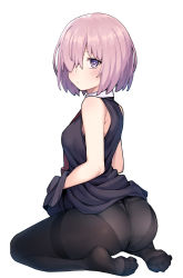 Rule 34 | 1girl, ass, bare shoulders, black dress, black pantyhose, blush, breasts, commentary, crotch seam, dress, fate/grand order, fate (series), feet, from behind, hair over one eye, highres, jp06, kneeling, looking at viewer, looking back, mash kyrielight, medium breasts, no shoes, panties, panties under pantyhose, pantyhose, purple eyes, short hair, simple background, sitting, soles, solo, underwear, white background