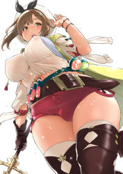 Rule 34 | 1girl, atelier (series), atelier ryza, atelier ryza 1, bad id, bad pixiv id, bare shoulders, belt, beret, blue belt, blush, boots, breasts, brown belt, brown eyes, brown gloves, brown hair, camisole, covered erect nipples, drawstring, flask, gloves, hair ornament, hairclip, hat, hood, hooded vest, hoodie, jacket, kemigawa mondo, large breasts, leather, leather belt, leather gloves, open mouth, red shorts, reisalin stout, round-bottom flask, see-through, short hair, short shorts, shorts, simple background, single glove, sleeveless, sleeveless jacket, solo, staff, thigh boots, thighhighs, thighs, vest, vial, white background, white camisole, white hat, yellow jacket