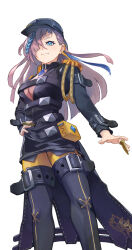 Rule 34 | 1girl, arm belt, belt, blue eyes, blue hair, braid, breasts, chest belt, duel monster, finger cots, grey hair, hair over one eye, hat, jacket, kiyama yamato, large breasts, long hair, long sleeves, medium breasts, multiple belts, simple background, single braid, solo, thigh belt, thigh strap, thighhighs, underboob, white background, witchcrafter haine, yu-gi-oh!