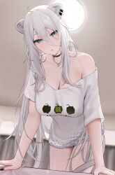 Rule 34 | 1girl, animal ear piercing, animal ears, black choker, black nails, breasts, choker, closed mouth, collarbone, commentary, grey eyes, grey hair, hair between eyes, highres, hololive, indoors, jewelry, large breasts, leaning forward, light blush, lion ears, lion girl, lion tail, long hair, looking at viewer, loose clothes, loose shirt, nail polish, necklace, no bra, official alternate costume, shirt, shishiro botan, shishiro botan (casual), single bare shoulder, solo, symbol-only commentary, t-shirt, tail, very long hair, virtual youtuber, wanne, white shirt