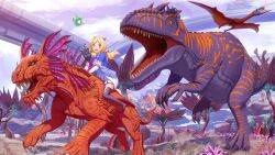 Rule 34 | 1girl, aki rosenthal, animal, ark survival evolved, black footwear, black thighhighs, blonde hair, blue jacket, boots, breasts, commentary request, day, dinosaur, dress, elbow gloves, giganotosaurus, gloves, headgear, high heel boots, high heels, highres, hololive, jacket, long hair, low twintails, medium breasts, mikomiko (mikomikosu), open mouth, outdoors, parted bangs, pleated dress, purple eyes, quetzalcoatlus, riding, short sleeves, solo, thigh boots, thighhighs, tree, twintails, very long hair, virtual youtuber, wavy mouth, white dress, white gloves