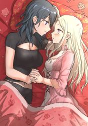 Rule 34 | 2girls, alternate costume, bad id, bad twitter id, bed sheet, black hair, blanket, blue eyes, blush, breasts, byleth (female) (fire emblem), byleth (fire emblem), choker, cleavage, cleavage cutout, closed mouth, clothing cutout, cross-laced clothes, dress, edelgard von hresvelg, eye contact, fire emblem, fire emblem: three houses, flower, from above, fukuroumori, highres, holding hands, interlocked fingers, long hair, long sleeves, looking at another, lying, medium breasts, multiple girls, navel, nightgown, nintendo, on bed, on side, parted lips, petals, pillow, pink choker, pink flower, pink rose, purple eyes, rose, rose petals, shirt, short sleeves, sidelocks, smile, taut clothes, taut shirt, under covers, white hair, yuri