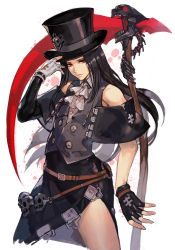 Rule 34 | 1boy, arc system works, asymmetrical gloves, asymmetrical sleeves, bare shoulders, black gloves, black hair, closed mouth, cowboy shot, detached sleeves, fingerless gloves, gloves, guilty gear, guilty gear strive, hat, hungry clicker, long hair, looking at viewer, red eyes, scythe, skull, testament (guilty gear), top hat, trap, white gloves