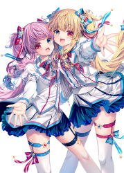 Rule 34 | 2girls, :d, blonde hair, blue bow, bow, comiket 99, commentary request, green eyes, hair bow, hair ornament, heterochromia, jacket, layered sleeves, long sleeves, mizuki yuuma, multiple girls, open mouth, original, outstretched arm, pink hair, puffy short sleeves, puffy sleeves, red bow, red eyes, shirt, short over long sleeves, short sleeves, simple background, single thighhigh, skirt, smile, star (symbol), star hair ornament, striped, striped bow, thighhighs, twintails, white background, white jacket, white legwear, white shirt, white skirt