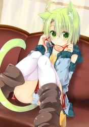 Rule 34 | 1girl, ahoge, animal ears, boots, cameltoe, cat ears, cat tail, colored eyelashes, couch, dodome-iro mayonnaise, dutch angle, glasses, green eyes, green hair, holding, holding removed eyewear, matching hair/eyes, original, panties, pantyshot, red-framed eyewear, sharon (dodomayo), short hair, sitting, solo, striped clothes, striped panties, tail, thighhighs, underwear, unworn eyewear, upskirt