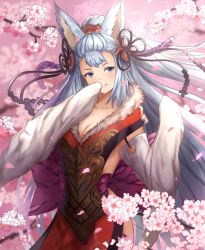 Rule 34 | 1girl, animal ears, aqua (popogori), blue eyes, blush, branch, breasts, cherry blossoms, cleavage, commentary request, detached sleeves, erune, flower, fox ears, fur trim, granblue fantasy, large breasts, long hair, looking at viewer, petals, silver hair, smile, societte (granblue fantasy), solo, very long hair